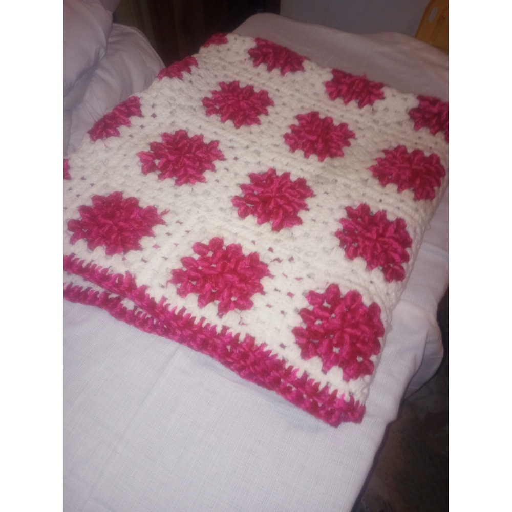 Vtg Granny Square Pink, White Red Crocheted Blanket 50x87in Over 20yrs Old